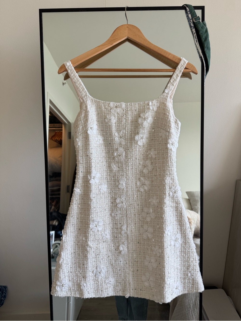 White Floral Textured Mini Dress - Sleeveless Square Neck